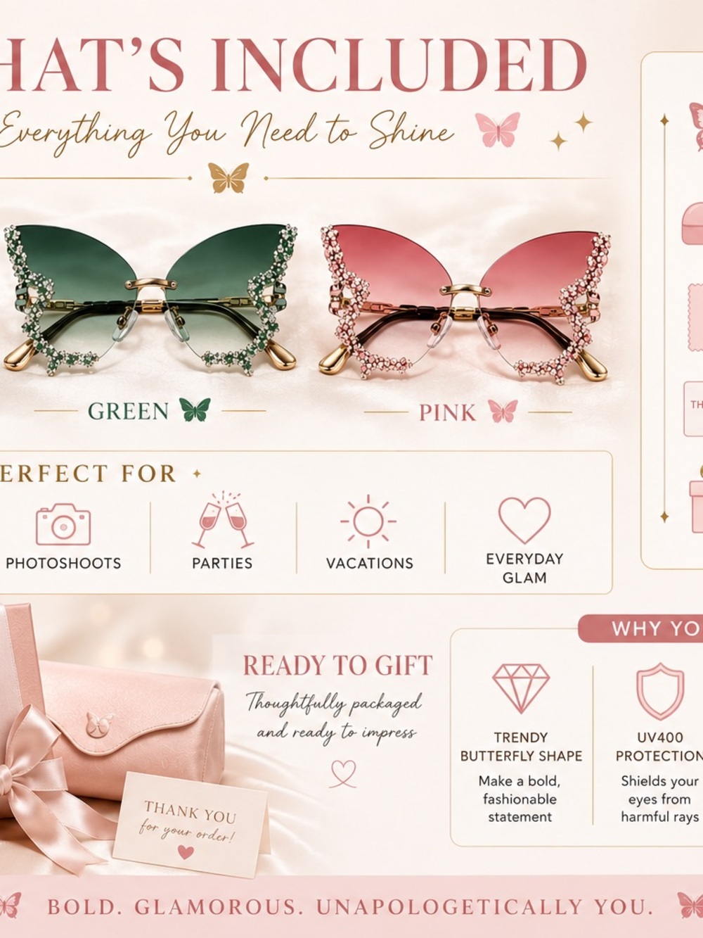 Sanrio green Ombre Butterfly Rhinestone Sunglasses - Picture 4 of 7